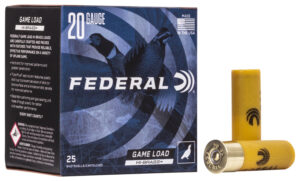 Federal Game-Shok Hi-Brass 20 gauge shotgun shells in red and yellow box