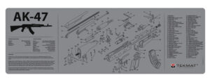 TekMat 12x36 AK-47 bench cleaning mat in grey with exploded parts diagram