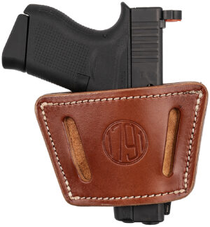 1791 Gunleather Universal IWB/OWB holster in classic brown leather, multi-fit for small-mid frame autos