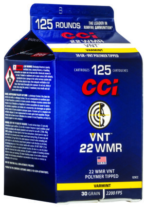 CCI VNT .22 WMR 30gr polymer-tipped ammunition 125rd pour pack