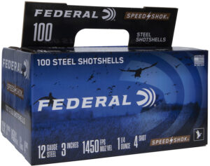 Box of 100 Federal Speed-Shok 12 gauge 3-inch shotgun shells with #4 steel shot
