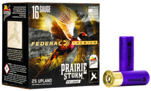 Box of Federal Premium Prairie Storm 16 gauge shotgun shells with blue and gold packaging