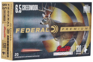 Box of Federal Premium 6.5 Creedmoor 130 grain Swift Scirocco II ammunition