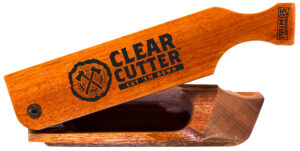 Primos Clearcut wood grain box call in mahogany and walnut, ergonomic hand call