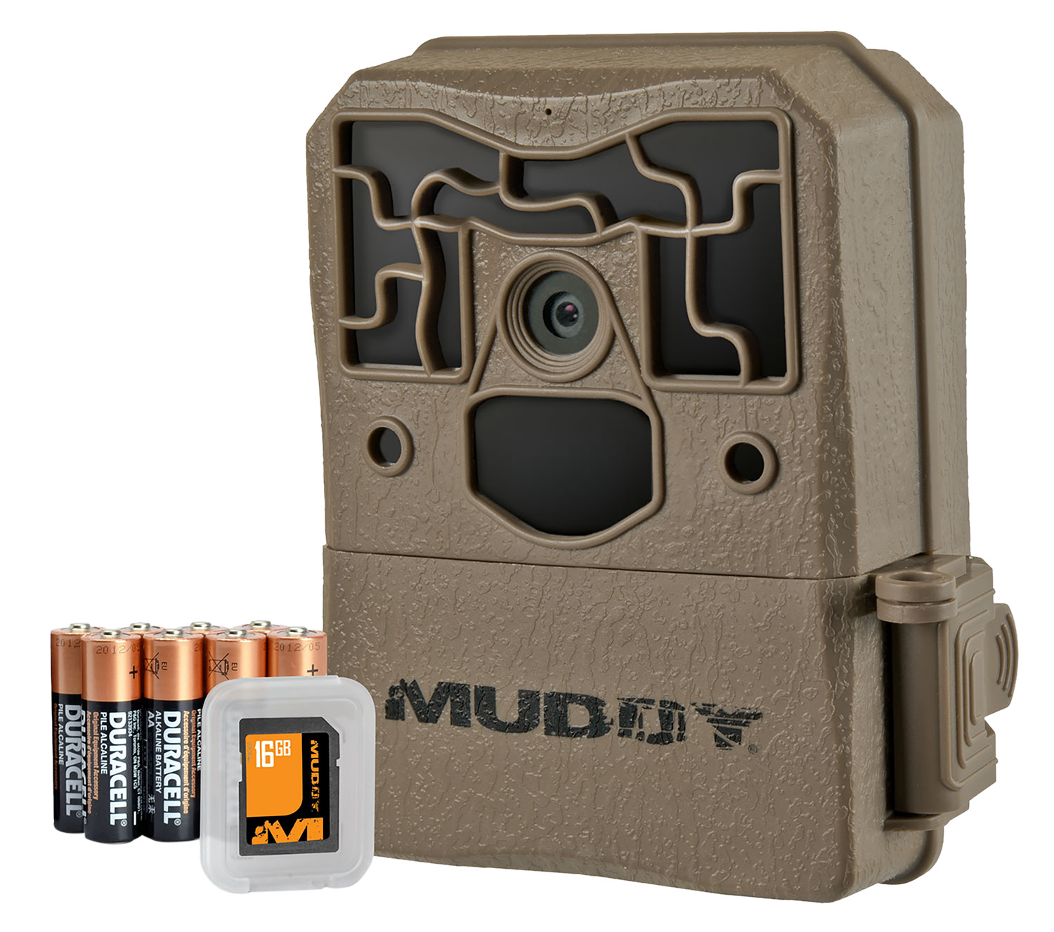 Muddy Pro-Cam 18 trail camera in brown showing LCD display and adjustable mounting strap