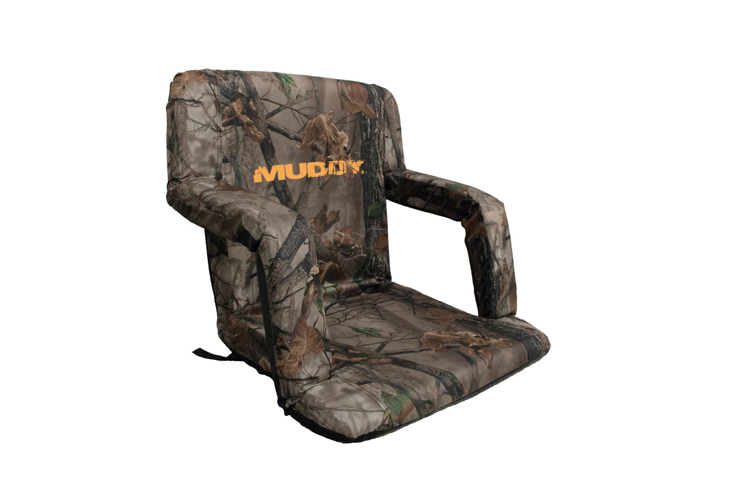 Muddy Outdoors MUDGS1206 Deluxe stadium bucket chair in camo, bench seat with built-in armrests, fits 5 or 6 gallon buckets
