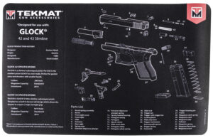 TekMat Glock 42/43 11x17 cleaning mat black neoprene backed with exploded parts diagram