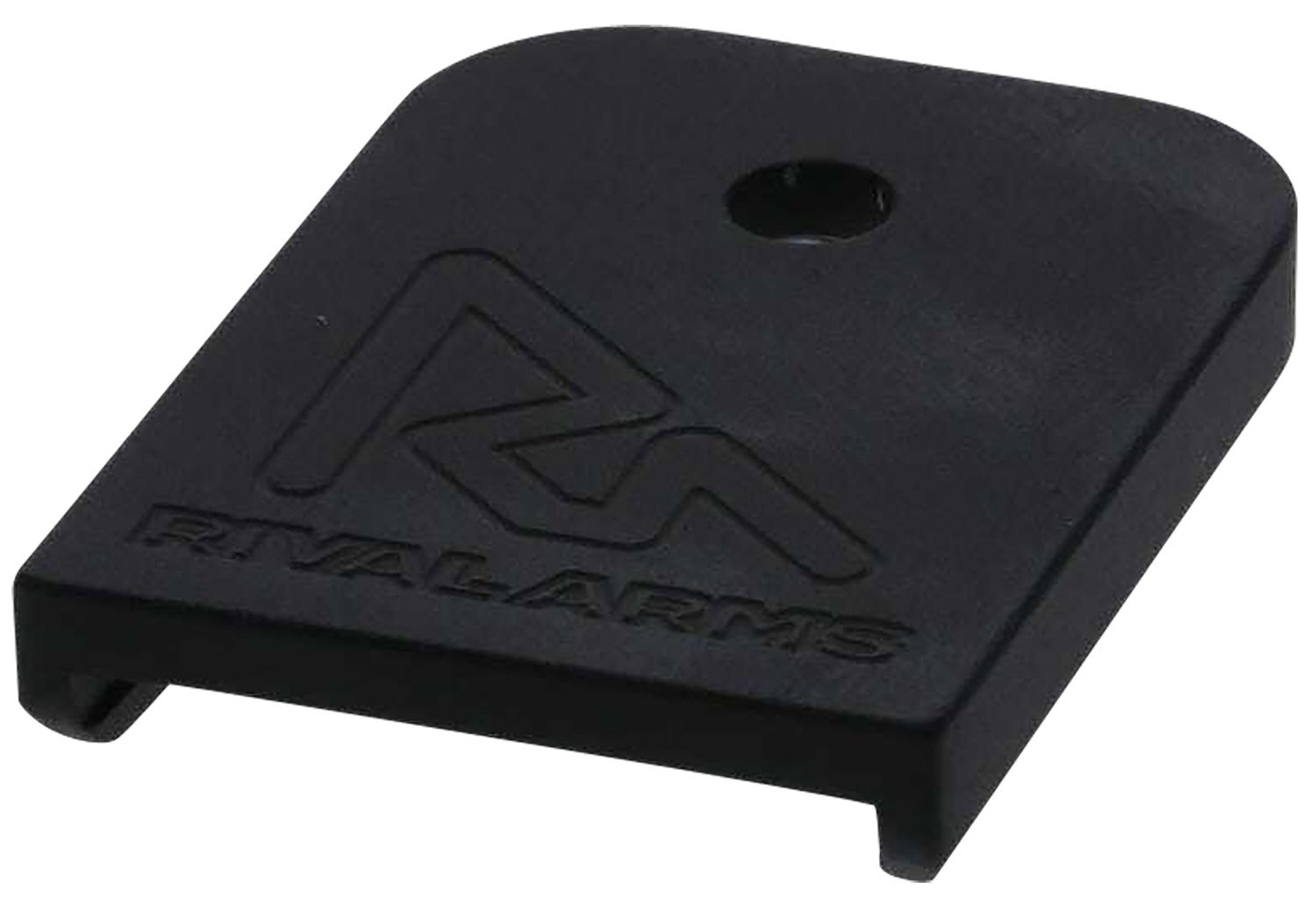 Rival Arms black anodized aluminum magazine base plate compatible with Glock magazines