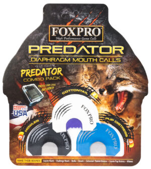 Foxpro COYCOMBO 3-piece predator diaphragm calls in black, blue, and white for coyote and cottontail sounds