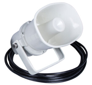 FoxPro SPSGE Snow Pro external speaker in white with mounting bracket and cable