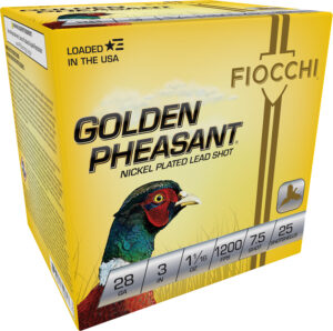Box of Fiocchi Golden Pheasant Extrema 28 gauge 3-inch shotshells with nickel-plated shot