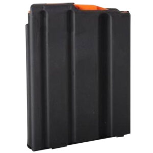 DuraMag SS 5-round stainless steel AR-15 magazine, matte black finish, orange follower