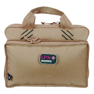 G-Outdoors quad pistol range bag in tan holds 4 handguns with magazine pockets and ammo dump cup