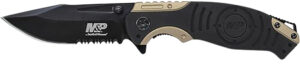 Smith & Wesson M&P SWP13BSCP folding knife, 3.50" stonewashed drop point blade, black and tan aluminum handle