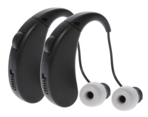 Walkers Ultra Ear BTE rechargeable hearing enhancers 22 dB black 2 pack