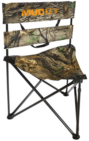 Muddy MUD-MGS300 folding tripod ground seat in camo with padded seat, contoured backrest and carry strap