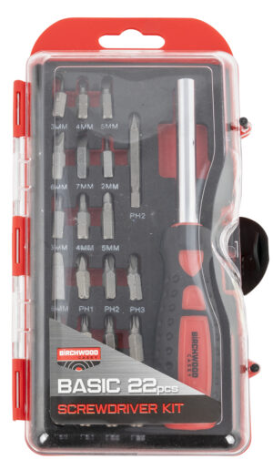 Birchwood Casey 22-piece screwdriver set in plastic case with slotted, Phillips, Torx and hex heads