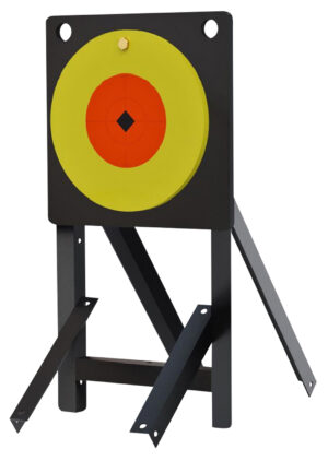Birchwood Casey 10-inch AR500 steel large-caliber target with orange/yellow bullseye