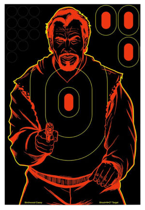 Birchwood Casey Shoot-N-C Bad Guy silhouette target 12x18 12-pack showing black/red target with chartreuse reactive rings