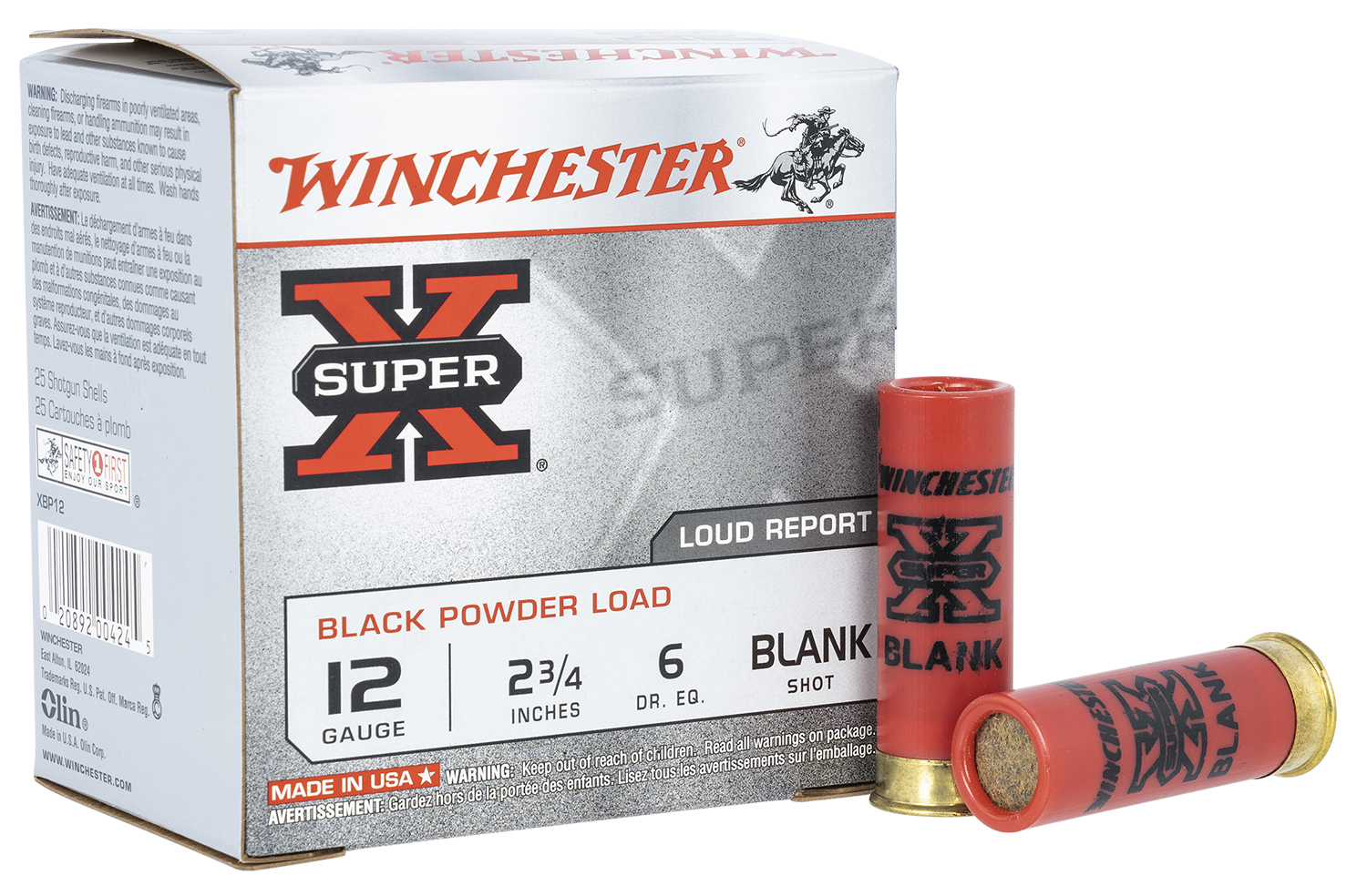 Winchester Super X black powder blank shotgun shells, 12 gauge 2.75 inch, 25 rounds per box