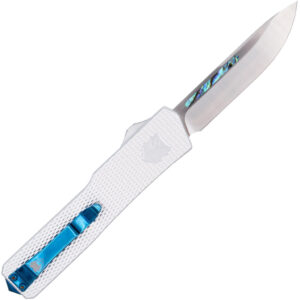 Cobtratec Abalone Edge OTF knife white with abalone inlays, VG-10 drop point blade, 6061-T6 aluminum handle