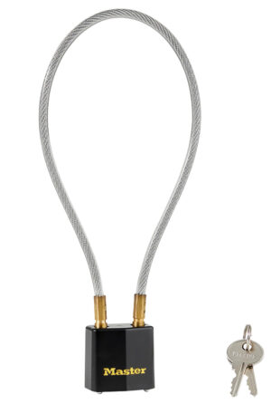 Master Lock 99DSPT 14in braided cable gun lock in black and gold, keyed different