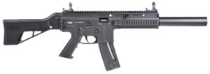 Mauser M-15 SD .22 LR rifle in black with side-folding synthetic stock and faux suppressor