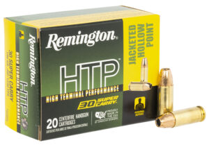 Box of Remington HTP .30 Super Carry 100 grain jacketed hollow point ammunition