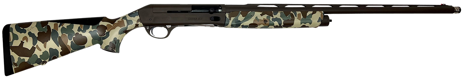 J.P. Sauer SL5 Waterfowl 12 Gauge 26-inch shotgun in Fred Bear Old School Camo with brown Cerakote barrel