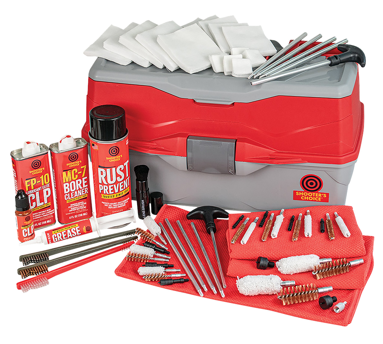 Shooters Choice Bullseye Box 900MC multi-caliber cleaning kit in tackle-box case with rods and brushes