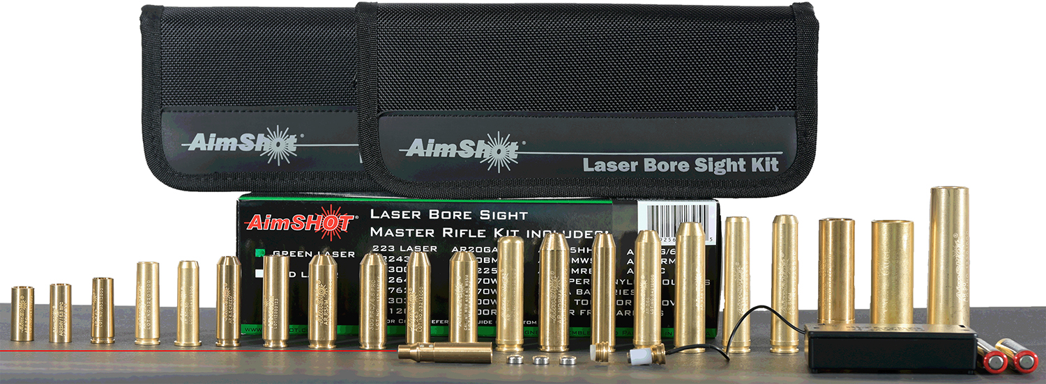 AimShot Master Kit multi-caliber bore sight with red 650nm laser and assortment of brass arbors