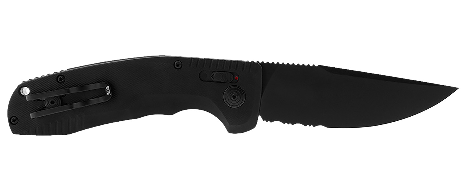 SOG-TAC AU automatic folding knife with 3.43 inch Cryo D2 blade and black micro-textured anodized aluminum handle