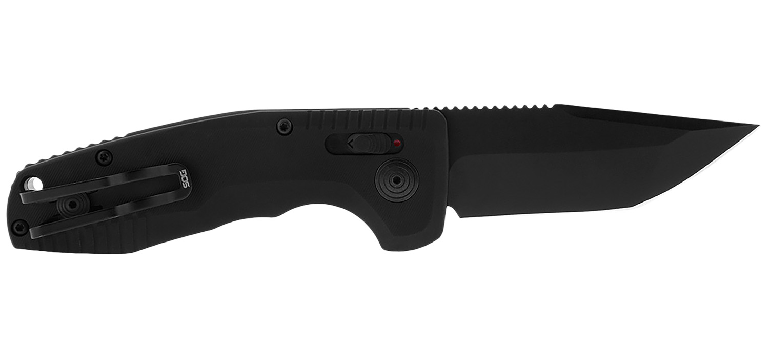 SOG-TAC AU Compact automatic folding knife with Cryo D2 tanto blade and black anodized aluminum handle