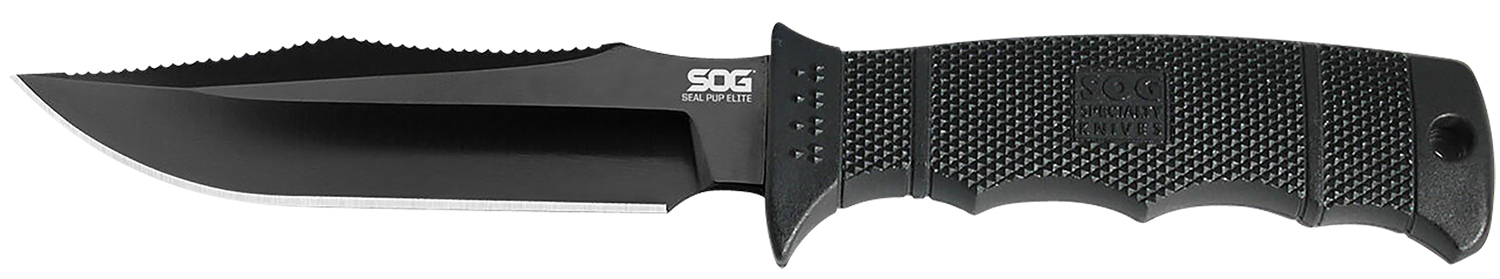 SOG SEAL Pup Elite fixed blade knife with 4.85 inch black TiNi blade and nylon sheath