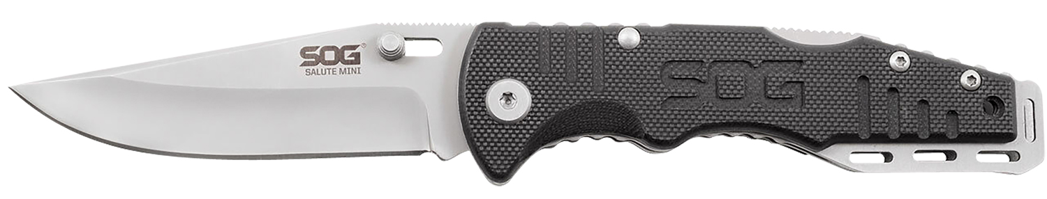 SOG Salute Mini 3.1 inch clip point folding knife with black G10 handle
