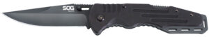SOG Salute folding knife with 3.625-inch clip point blade, hardcased black finish and black G-10 handle