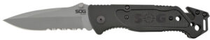 SOG Escape folding knife with 3.40-inch 9Cr18MoV partially serrated blade and black anodized aluminum handle