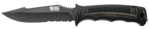 S.O.G SEAL Strike fixed blade knife 4.9 in partially serrated clip point with black textured handle and nylon sheath