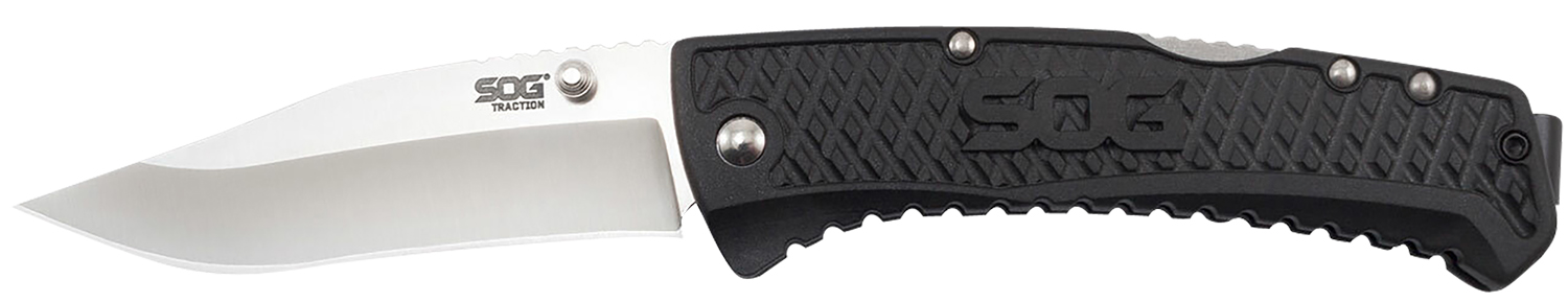 S.O.G Traction folding knife, 3.50-inch satin clip-point blade, black textured GRN handle