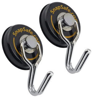 SnapSafe magnetic swivel hooks round 2-pack, black, mounted on a metal surface