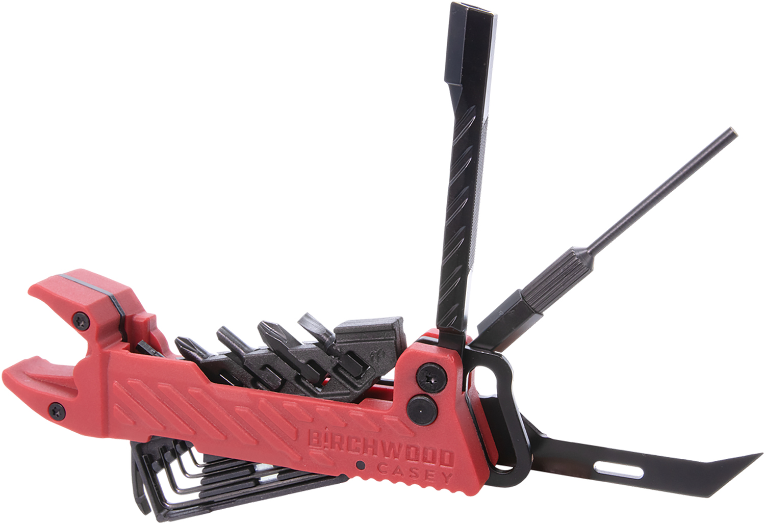 Birchwood Casey BC-PGMT Pistol Multi-Tool in black and red, folding handgun maintenance tool