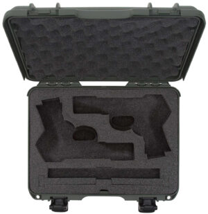 Nanuk 910 Classic olive two-up pistol case with closed-cell foam interior and latches