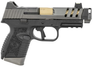 FN 509 CC Edge 9mm pistol with 4.2 inch threaded gold barrel and black textured polymer frame