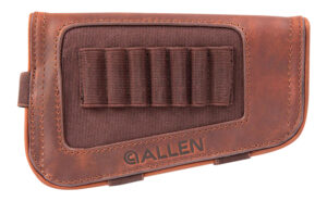 Allen New Castle brown full-grain leather buttstock cartridge carrier holding seven rifle cartridges