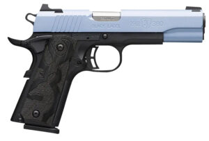 Browning 1911-380 Black Label pistol with Polar Blue Cerakote slide and black laminate grips