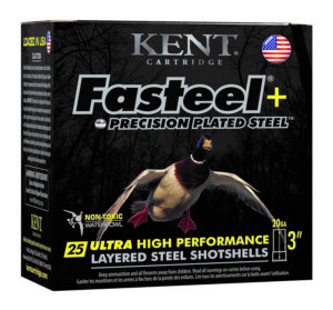 Kent Fasteel+ precision plated steel shotshell box 25 ct 3-inch 1 oz 2 & 4 shot