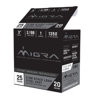 Box of Migra Staxd Steel 20 gauge 3 in 1 oz 4/6 waterfowl shotshells, 25-count