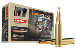 Box of Norma Tipstrike 7mm-08 REMINGTON 160 gr polymer-tip hunting ammunition, 20 per box
