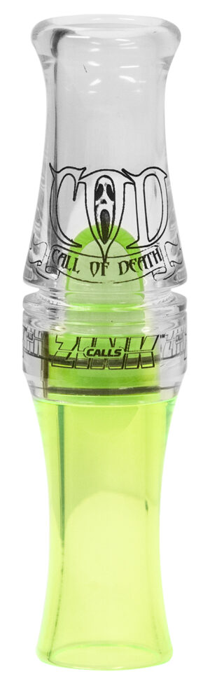Call of Death (COD) goose call in Lemon Drop polycarbonate with laser-engraved graphics