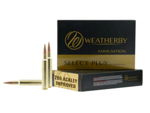 Box of Weatherby .280 Ackley Improved 168 gr JHP rifle ammunition, 20 rounds